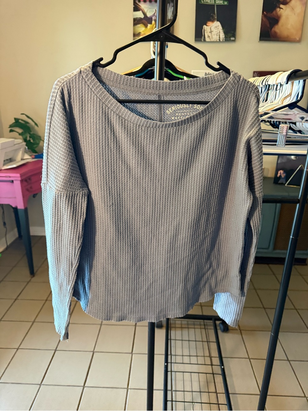 Aeropostale Long Sleeve Waffle Knit Top - Light Gray
